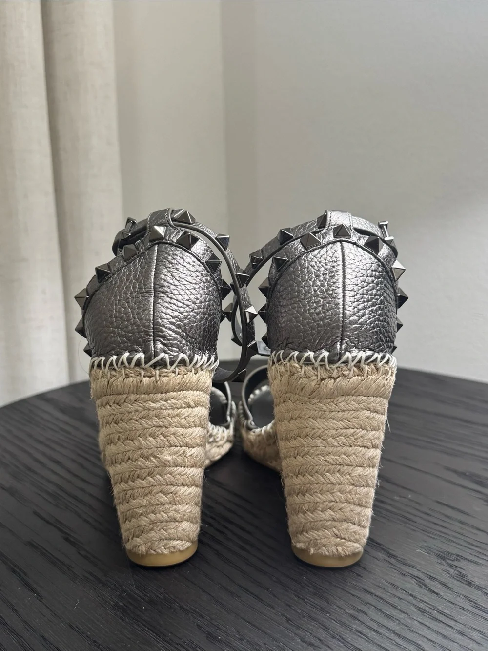 Valentino Garavani Rockstud Espadrille Wedge Sandals Silver Gray 39